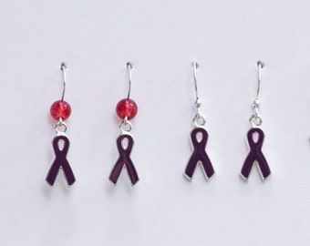 Migraine Awareness Ribbon Earrings, Silver Plated Earrings with Purple Awareness Ribbon Charms, Chronic Migraine Awareness Jewelry