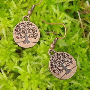 Copper Celtic Tree of Life Earrings, Celtic Design Tree Dangle Earrings, Spiral World Tree Earrings