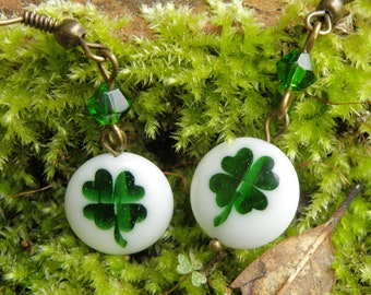 St Patrick's Day Four-leaf Clover Earrings, Green Shamrock Dangle Earrings, Saint Patrick's Day Jewelry, Lucky Clover Earrings