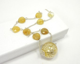 Unique Gold and Silver Fidget Necklace, Gold Flecked Glass Globe Filled with Silver Beads on Necklace with Faceted Citrine Beads OOAK