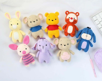 8i1 PDF Virkmönster Nalle Puh och vänner enkel amigurumi babyleksak Nalle Puh Nasse Tiger Kanin Ior Klump Roo och Kanga