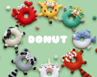 Crochet Donut Animal : Bundle 8 Characters Crochet Pattern Cute animal Pig, Crab, Giraffe, Dragon, Blowfish, Red Panda, Unicorn, Raccoon.