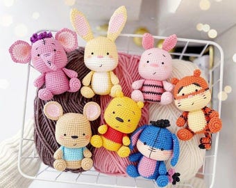7i1 PDF Virkmönster Nalle Puh och vänner enkel amigurumi babyleksak Nalle Puh Nasse Tiger Kanin Ior Klump Roo
