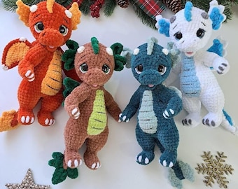 Patrón de dragones de crochet 4 en 1, amigurumi de fantasía, lindos peluches de fantasía, tutorial fácil de hacer en PDF.