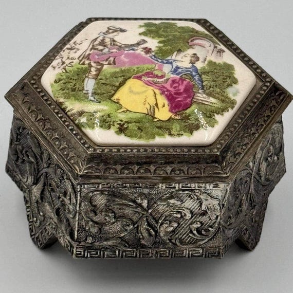 Vintage Farrington Footed Metal Hexagonal Shaped Trinket Box