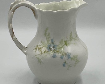 Antique Jean Pouyat Limoges (J.P.L.) Porcelain Pitcher with Blue Floral Design