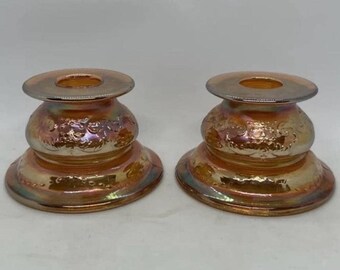 Pair Carnival Glass Federal Candle Holders Madrid Marigold