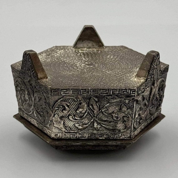 Vintage Farrington Footed Metal Hexagonal Shaped Trinket Box View 6