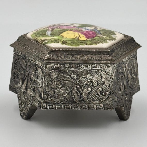 Vintage Farrington Footed Metal Hexagonal Shaped Trinket Box View 2