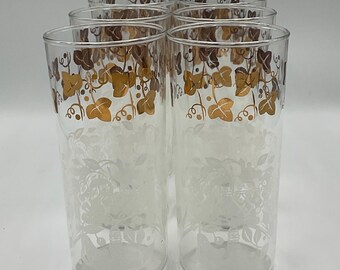 Vintage Hazel Atlas White Fruit Basket Gold Leaves Glasses Barware Set of 8