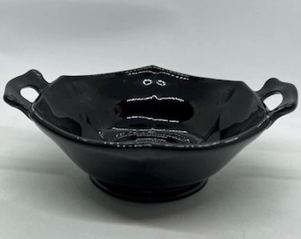 Vintage LE Smith Handmade Black Glass Hexagon Two-Handled Bowl