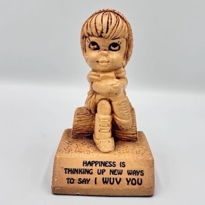 Vintage 1974 Paula Figurine W385 - Love Handcrafted Collectible - “Happiness Is Thinking Up New Ways How To Say I Wuv You”