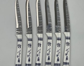 Vintage 6 Piece Blue Willow Design Steak Knives Set Japan