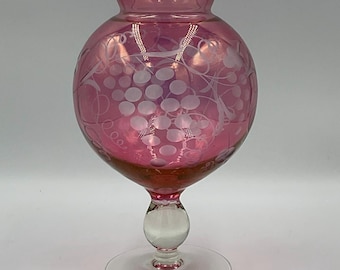 Vintage Cranberry Etched Glass Decorative Pedestal Rose Bowl Vase Cut to Clear
