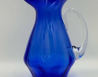 Vintage Handblown Cobalt Blue & Clear Small Pitcher
