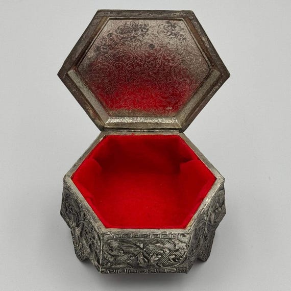 Vintage Farrington Footed Metal Hexagonal Shaped Trinket Box View 4