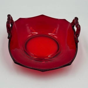 Vintage Martinville Glass Ruby Red Decagon Bon Bon Basket Bowl 2 Handles