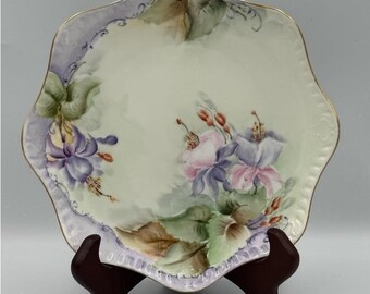 Vintage Bavarian Hand Painted Porcelain Plate Scalloped Edge with Gold Trim