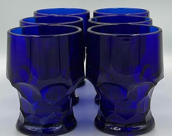 Vintage Viking Glass 8oz Georgian Cobalt Blue Flat Tumblers-Set of 6