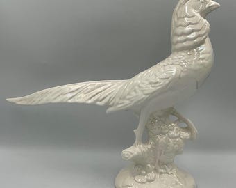 Faisán de cerámica blanca iridiscente vintage de estilo MCM italiano
