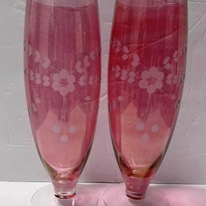 Vintage Etched Iridescent Pink Cranberry Flash Glass Large Footed Vase 10.5&quot;