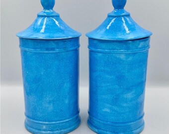 Juego de 2 botes de cerámica esmaltada azul moteada, elaborados en estudio vintage