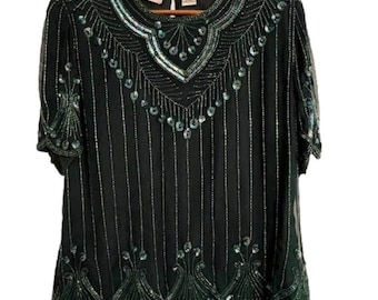 Vintage 1980s Laurence Kazar Emerald Green Beaded & Sequins Silk Top