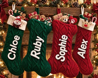 Personalized Cable Knit Christmas Stockings, Hand-Crocheted Name, Family & Pet Gift