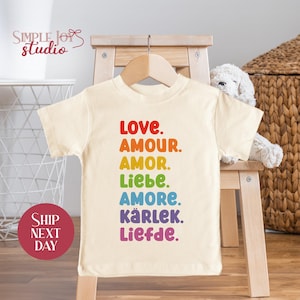 Rainbow Love Kids Tee, Pride Month Toddler Shirt, Multilingual Love Design, LGBTQ+ Support Shirt for Kids, Equality Baby Bodysuit(SK-PRI32 )