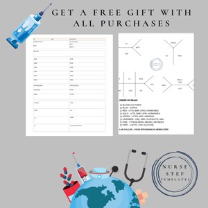 Peut inclure: Illustration numérique à thème médical. Comprend une seringue, un stéthoscope et un globe avec un chapeau d'infirmière. Le texte indique "GET A FREE GIFT WITH ALL PURCHASES" et "NURSE STEF TEMPLATES". Des formulaires médicaux sont également affichés.