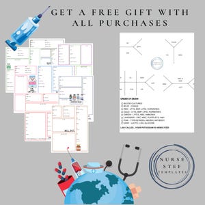 Könnte beinhalten: Ein Satz druckbarer Labor-Entnahme-Diagramme für Krankenschwestern. Die Diagramme sind farbcodiert und beinhalten die Entnahme-Reihenfolge für Blutkulturen, Gerinnung, Elektrolyte und andere Labortests. Die Diagramme enthalten auch eine Erinnerung, die Röhrchen mit dem Namen des Patienten und dem Geburtsdatum zu beschriften. Die Diagramme sollen Krankenschwestern helfen, ihren Arbeitsablauf zu optimieren und sicherzustellen, dass die Laborproben in der richtigen Reihenfolge entnommen werden. Das Bild enthält auch ein Angebot für ein kostenloses Geschenk für alle Einkäufe.