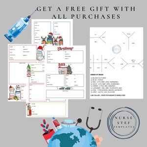 May include: A printable medical chart template with a Christmas theme. The chart includes a section for patient information, medications, allergies, and a section for drawing blood work. The chart also includes a cute illustration of a Christmas tree with presents and a snowman.