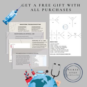 May include: A set of printable nursing templates with the text "Get a Free Gift with All Purchases". The templates include information on waveform troubleshooting, maintaining an arterial line, zeroing of an a-line, documentation in the medical record, and an order of draw for lab tests. The templates are designed by Nurse Stef Templates.