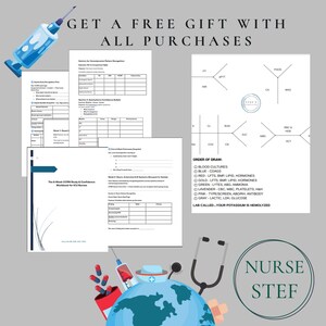 May include: Image of medical educational resources, including worksheets and diagrams. The text includes "Get a Free Gift With All Purchases" and "Nurse Stef". A syringe and stethoscope are also depicted.