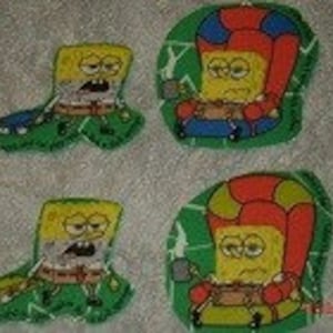 May include: Four iron-on patches featuring SpongeBob SquarePants in different poses. Two patches show SpongeBob holding a hammer and wearing a red and yellow hat. The other two patches show SpongeBob holding a rake and wearing a green hat.