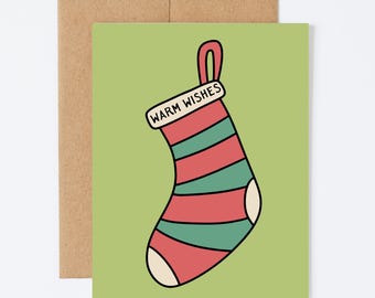 WARM STOCKING WISHES - Cute Holiday/Christmas Greeting Card - Blank Inside