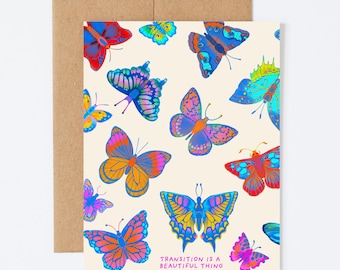 Tarjeta de felicitación LGBTQIA+ con mariposa - Apoyo a la transición, interior en blanco