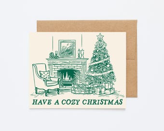 COZY FIREPLACE CHRISTMAS - Holiday/Christmas Greeting Card - Blank Inside