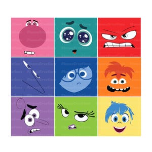 May include: A set of nine colorful squares, each featuring a different character from the movie Inside Out. The characters are Joy, Sadness, Fear, Anger, Disgust, Bing Bong, and Riley. Each character is depicted with their signature facial expression and color scheme.