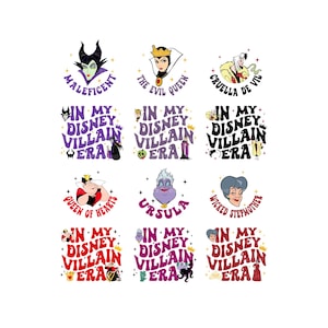 May include: A collection of colorful graphic designs featuring Disney villains. Each design includes a portrait of a villain such as Maleficent, The Evil Queen, or Ursula, along with the phrase "In My Disney Villain Era."
