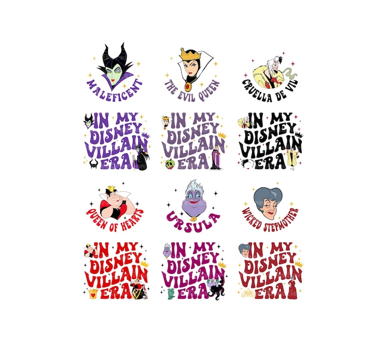 May include: A collection of colorful graphic designs featuring Disney villains. Each design includes a portrait of a villain such as Maleficent, The Evil Queen, or Ursula, along with the phrase "In My Disney Villain Era."
