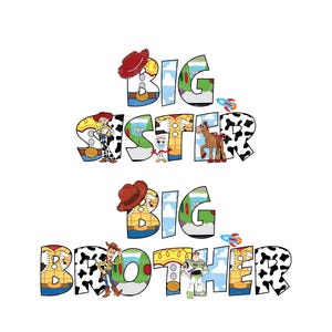 Pode incluir: Design temático do Toy Story com as palavras "Irmã Mais Velha" e "Irmão Mais Velho" em letras coloridas com personagens do filme.