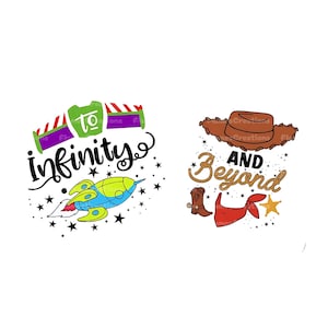 May include: Two images with text and cartoon characters. The first image has a green, purple, and red rocket ship with the text "to infinity". The second image has a brown cowboy hat with the text "and beyond".