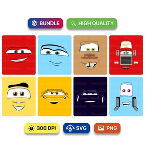 May include: A bundle of eight colorful car face designs on square backgrounds. Each design features a different car character with distinct facial features. The image includes text that says "BUNDLE", "HIGH QUALITY", "300 DPI", "SVG", and "PNG".