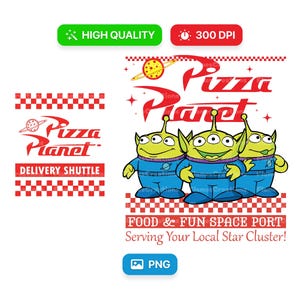 May include: A red and white checkered background with the text "Pizza Planet Delivery Shuttle" in red. Above the text is a red and white checkered pattern. The text "Pizza Planet" is in red and white with a red star on each side. Three green alien characters from the movie Toy Story are standing in front of the text. The aliens are wearing blue space suits with a red star on the chest. The text "Food & Fun Space Port Serving Your Local Star Cluster!" is in red and white.