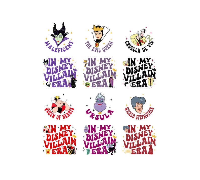May include: A collection of colorful graphic designs featuring Disney villains. Each design includes a portrait of a villain, such as Maleficent or Ursula, and the phrase "In My Disney Villain Era."