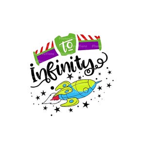 K&ouml;nnte beinhalten: Ein schwarz-wei&szlig;es Grafikdesign mit dem Text "to infinity" und einem Cartoon-Raketenschiff in Gr&uuml;n, Gelb und Blau. Die Rakete hat eine rote Flamme, die aus dem Heck kommt.