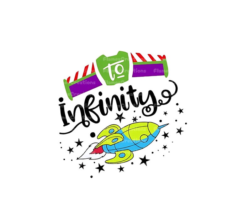 K&ouml;nnte beinhalten: Ein schwarz-wei&szlig;es Grafikdesign mit dem Text "to infinity" und einem Cartoon-Raketenschiff in Gr&uuml;n, Gelb und Blau. Die Rakete hat eine rote Flamme, die aus dem Heck kommt.