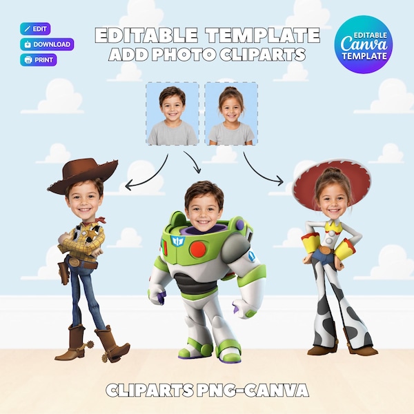 Toy Story themed Customized Cliparts Canva Editable, Add Your Face Own Photo PNG Digital Download , DIY Birthday Party Cake Topper Template