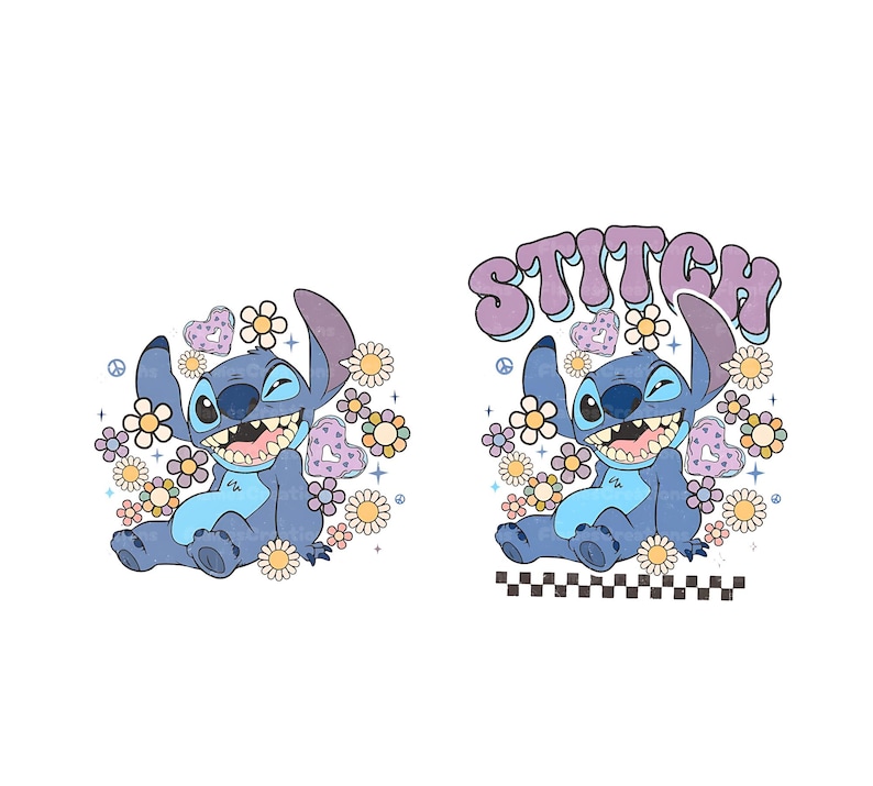 Peut inclure: Personnage bleu Stitch avec un sourire malicieux, entour&eacute; de fleurs et de c&oelig;urs color&eacute;s. Le texte "STITCH" est dans une police r&eacute;tro et color&eacute;e.